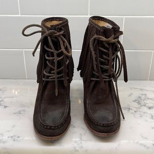 FRYE Parker fringe moccasin suede boots chocolate brown size 7.5 M
